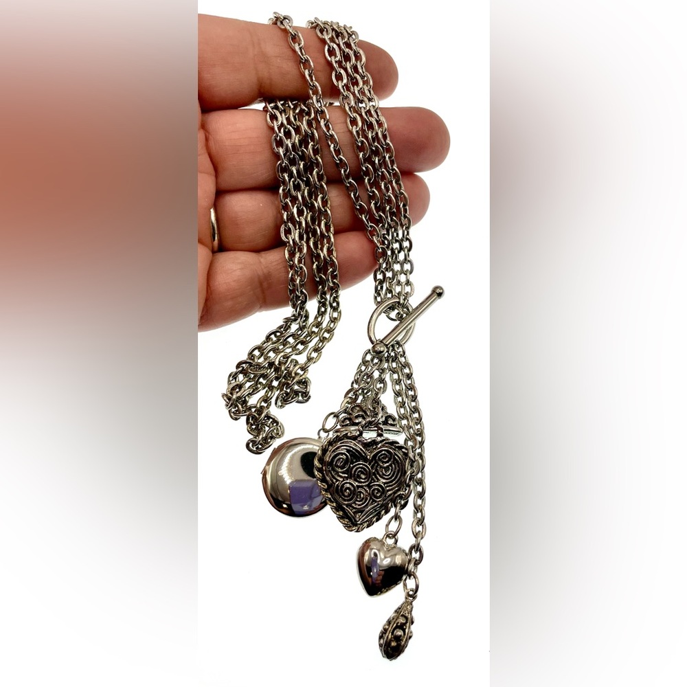 Silver Tone Double Chain Necklace Choker with Dangling Charms and Locket - Picture 6 of 8